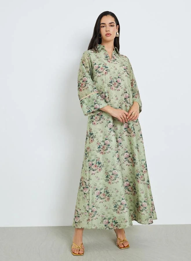 Amirah Women Green Floral Print A-Line Jalabiya